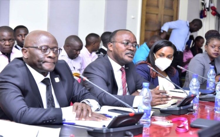 NSSF Board led by Chairman Peter Kimbowa (left) appeared before the select committee on Feb.01.